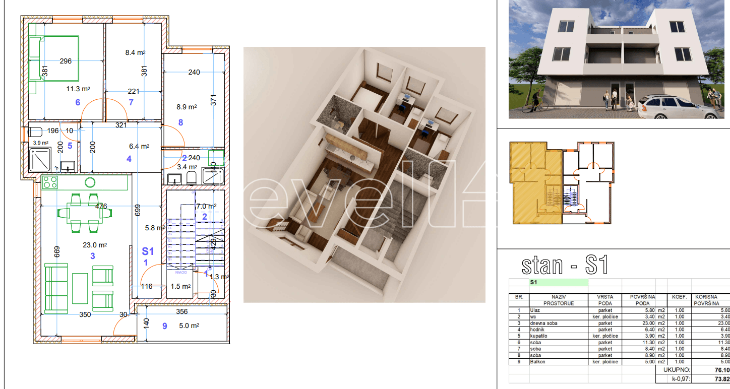 Troiposoban stan - 76m²-
